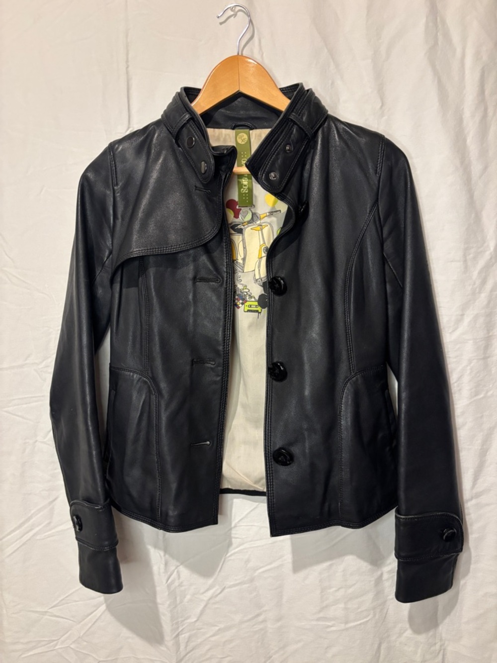 Soia & Kyo Black Genuine Leather Jacket XS Hip Length Button Front Designer